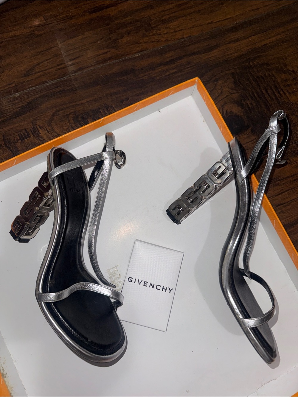 Givenchy Metallic Silver Chain-Link Heel Slingback Sandals